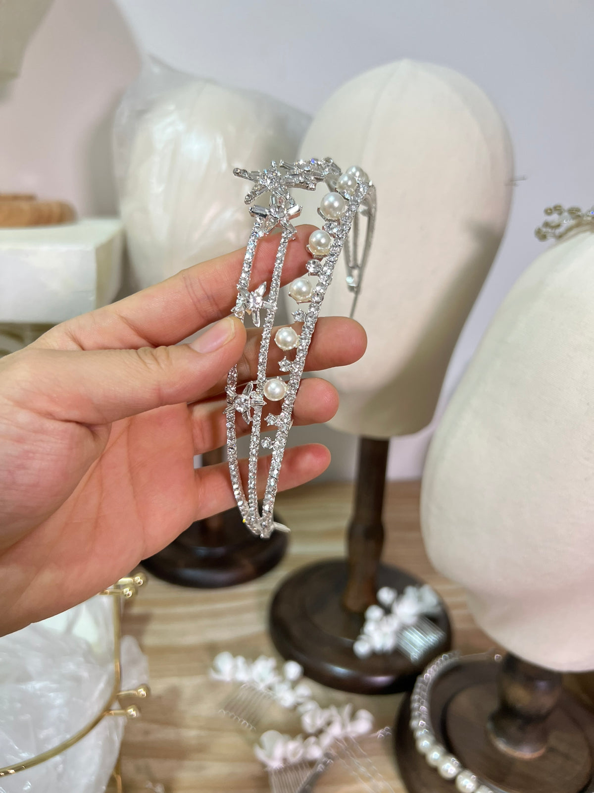 Pearl Rhinestone Crown Headband - Silver