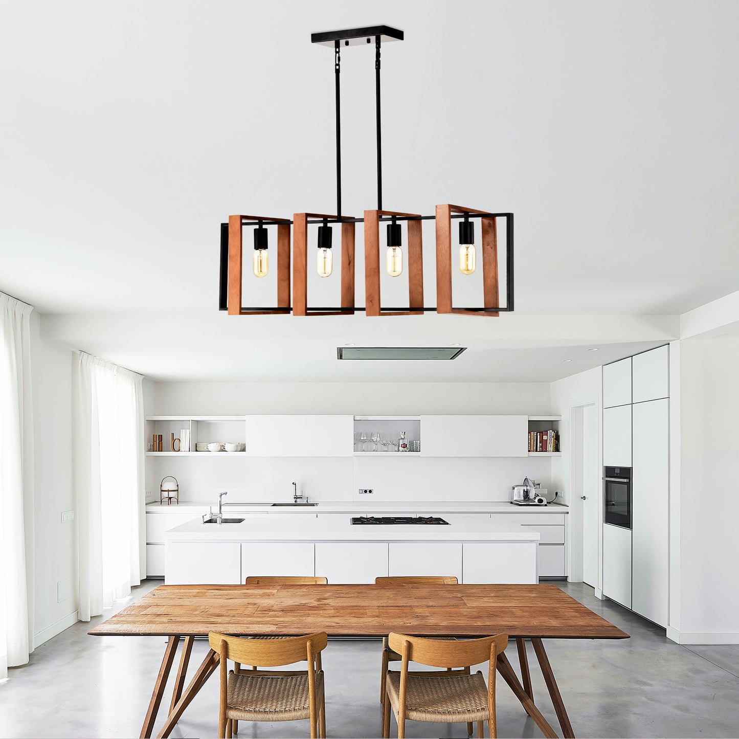 4-Light Farmhouse Pendant Light Fixture with Wooden Finish - Rustic Modern Chandelier for Kitchen & Dining