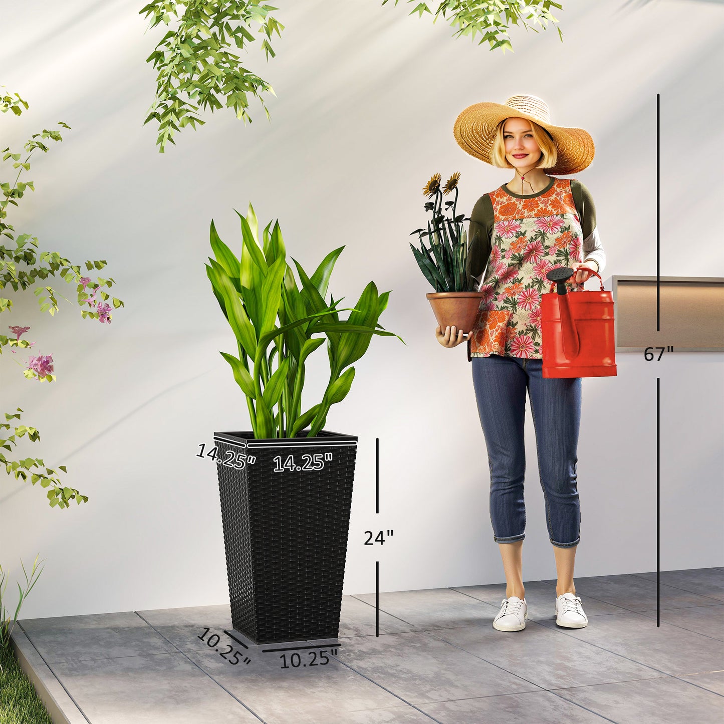 Set of 3 Tall Outdoor & Indoor Planters with Drainage Holes - Black, 24 Inches