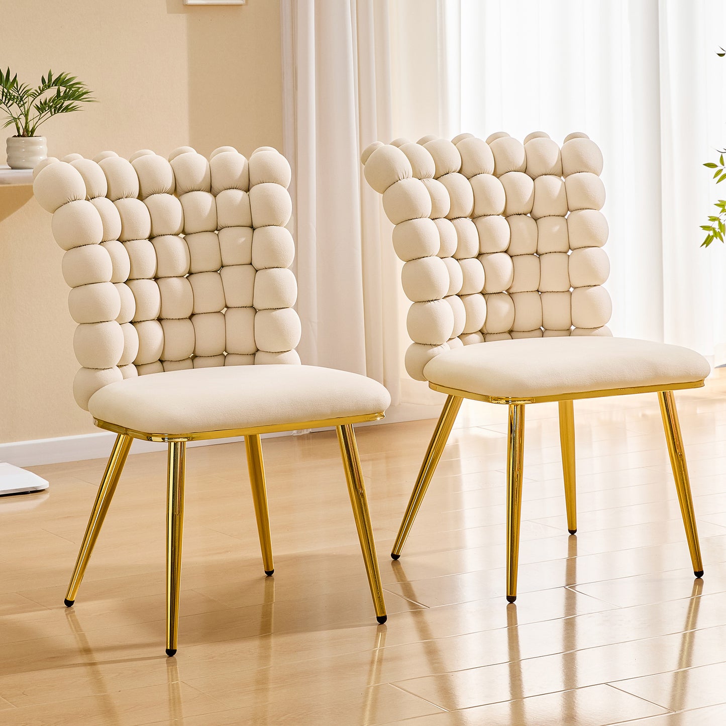 Set of 2 Cream Bubble Tufted Swivel Chairs - Velvet Accent Chairs with Gold Frame