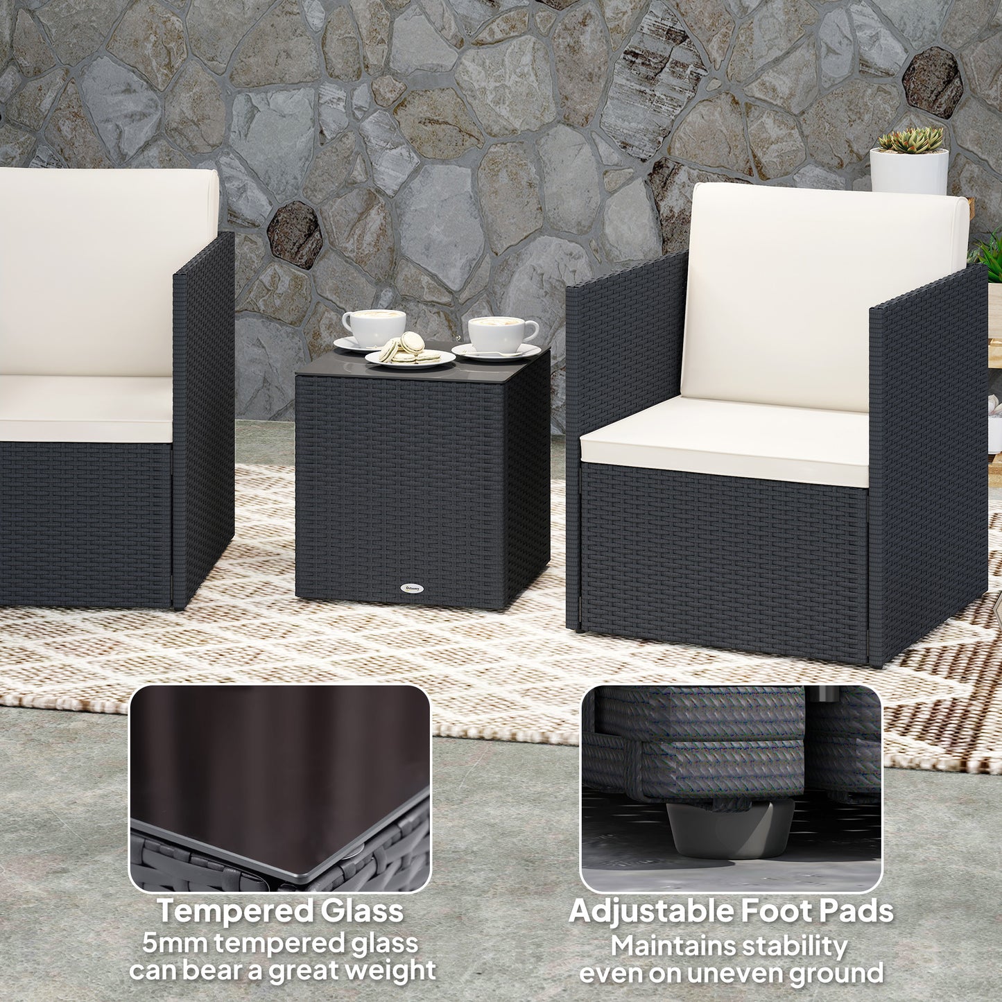 Folding Wicker Bistro Set - 3 Piece Outdoor Furniture with Cushions, Black