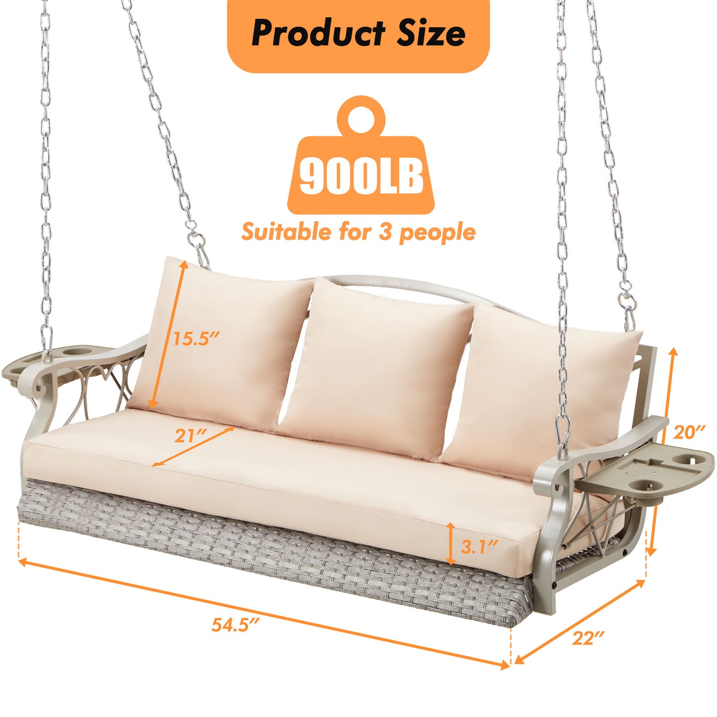 Outdoor Porch Swing Basket with Cushions and Side Table
