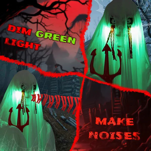 Life Size Animatronic Ghost Decoration with Trident - Sound Activated with Green Lights