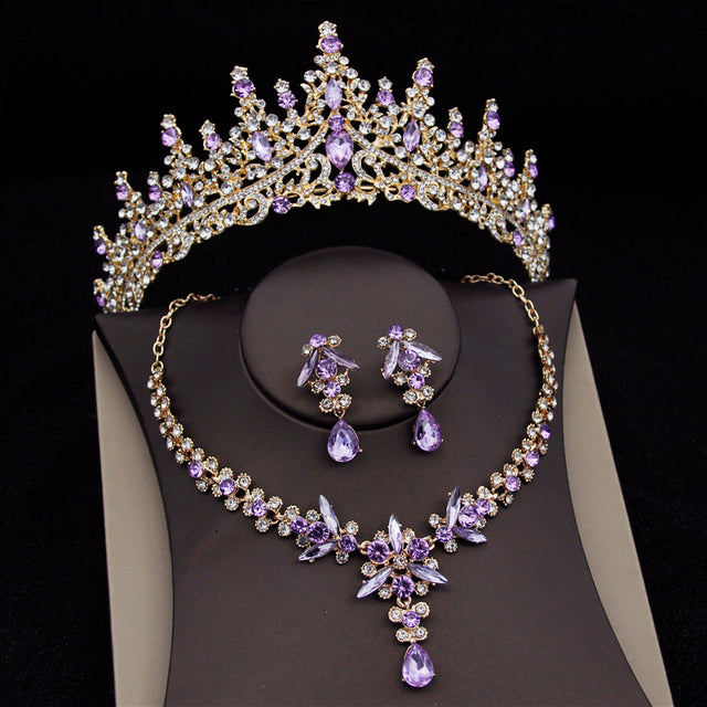 Luxury Bridal Jewelry Set with Tiara Crown Necklace and Earrings - Multiple Colors