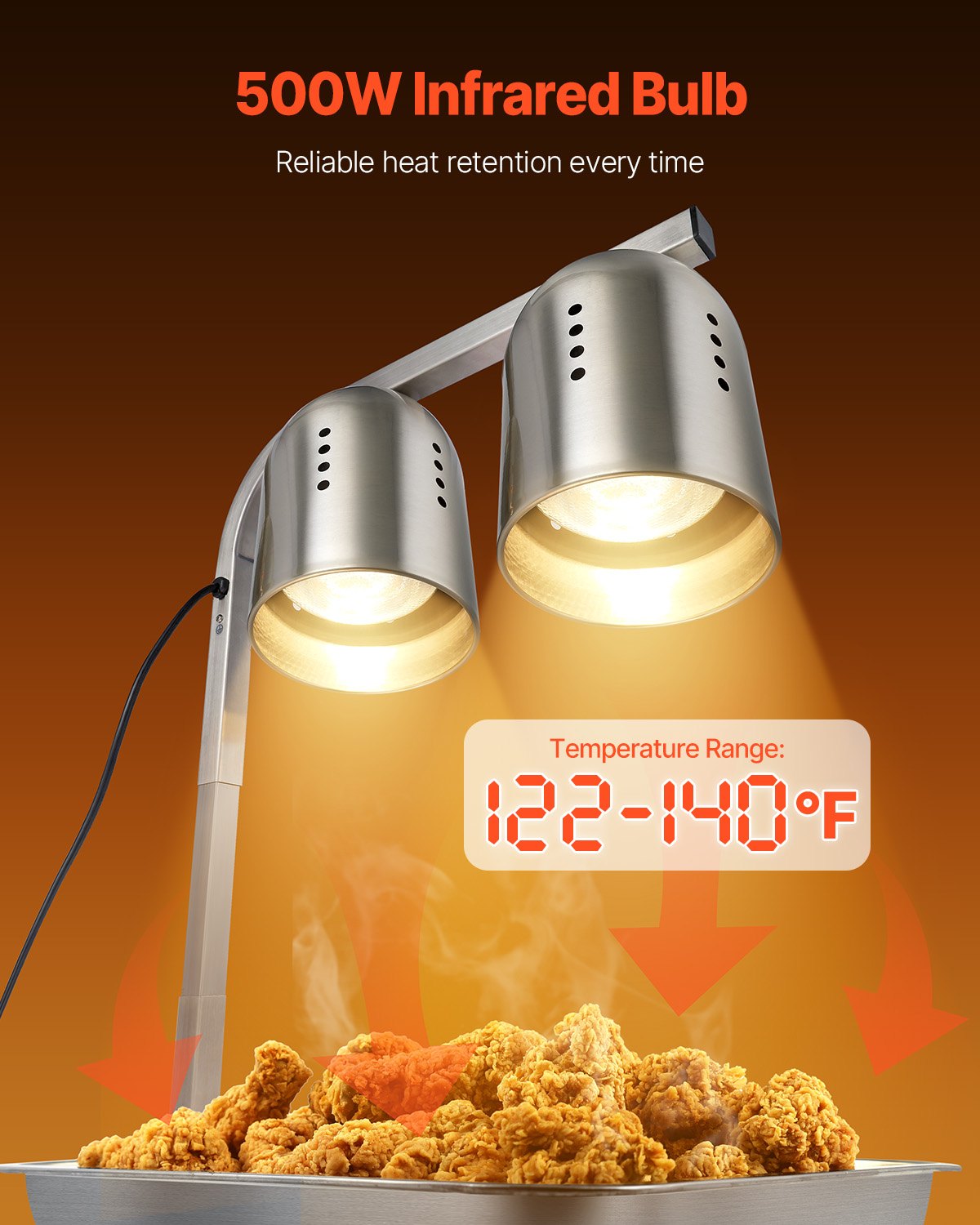 Commercial Food Heat Lamp with 500W Bulb - Adjustable Stainless Steel Food Warmer for Restaurant Kitchen