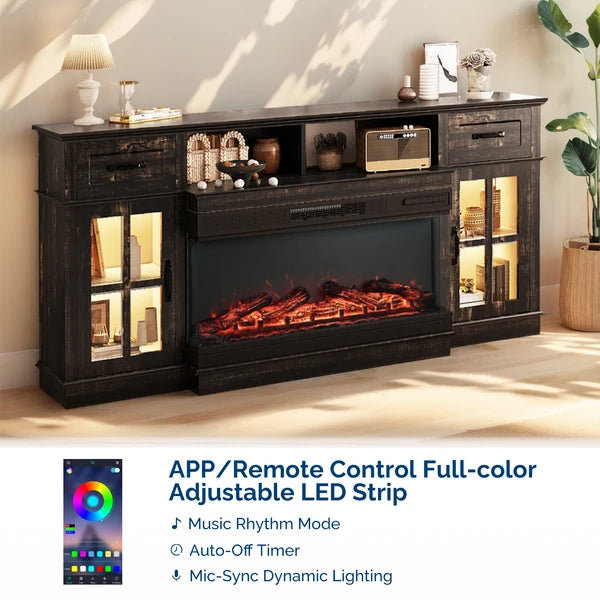 70-Inch Black Gold Oak Electric Fireplace TV Stand with Glass Doors