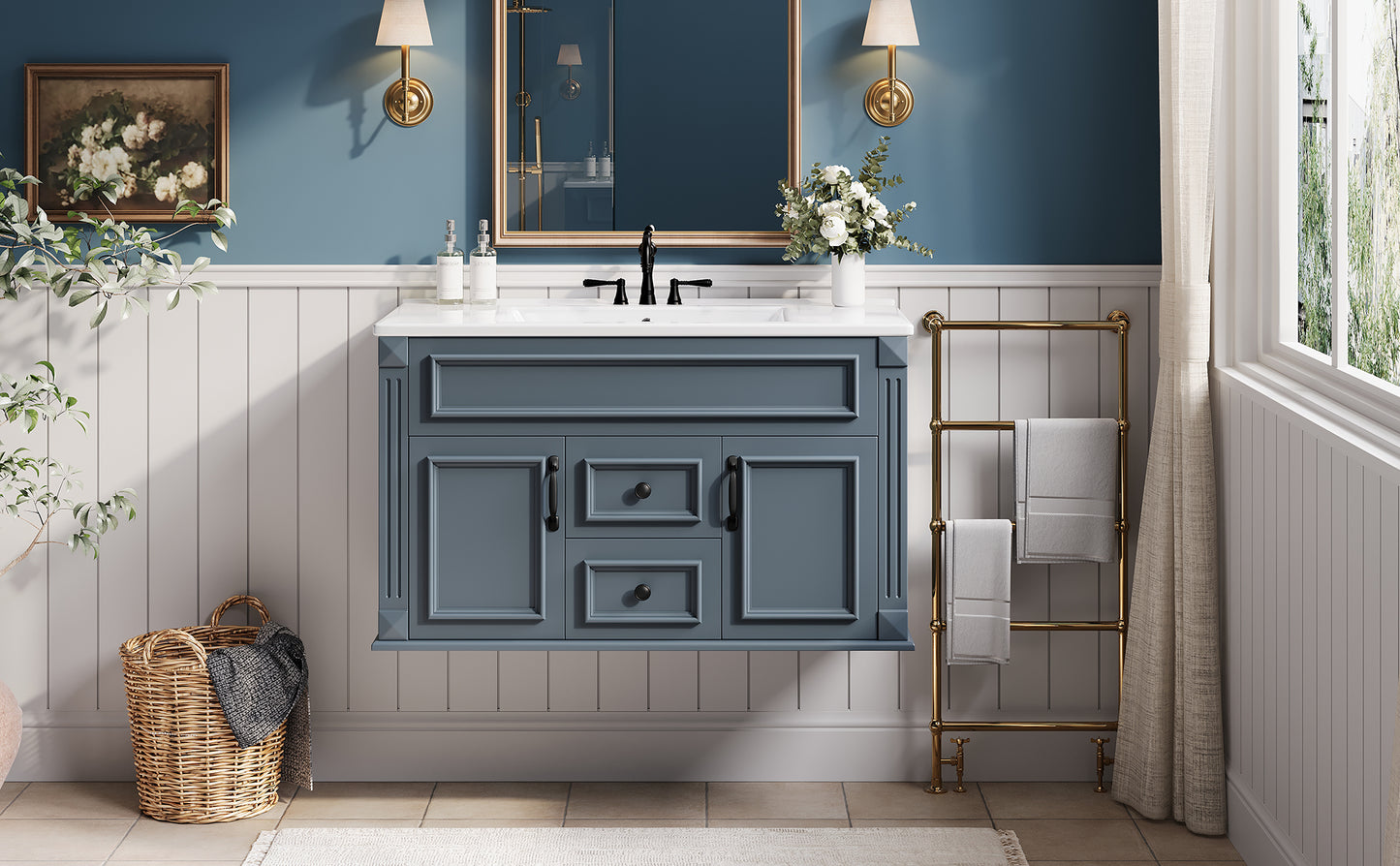 36-Inch Wall Mounted Bathroom Vanity with Ceramic Sink - Blue