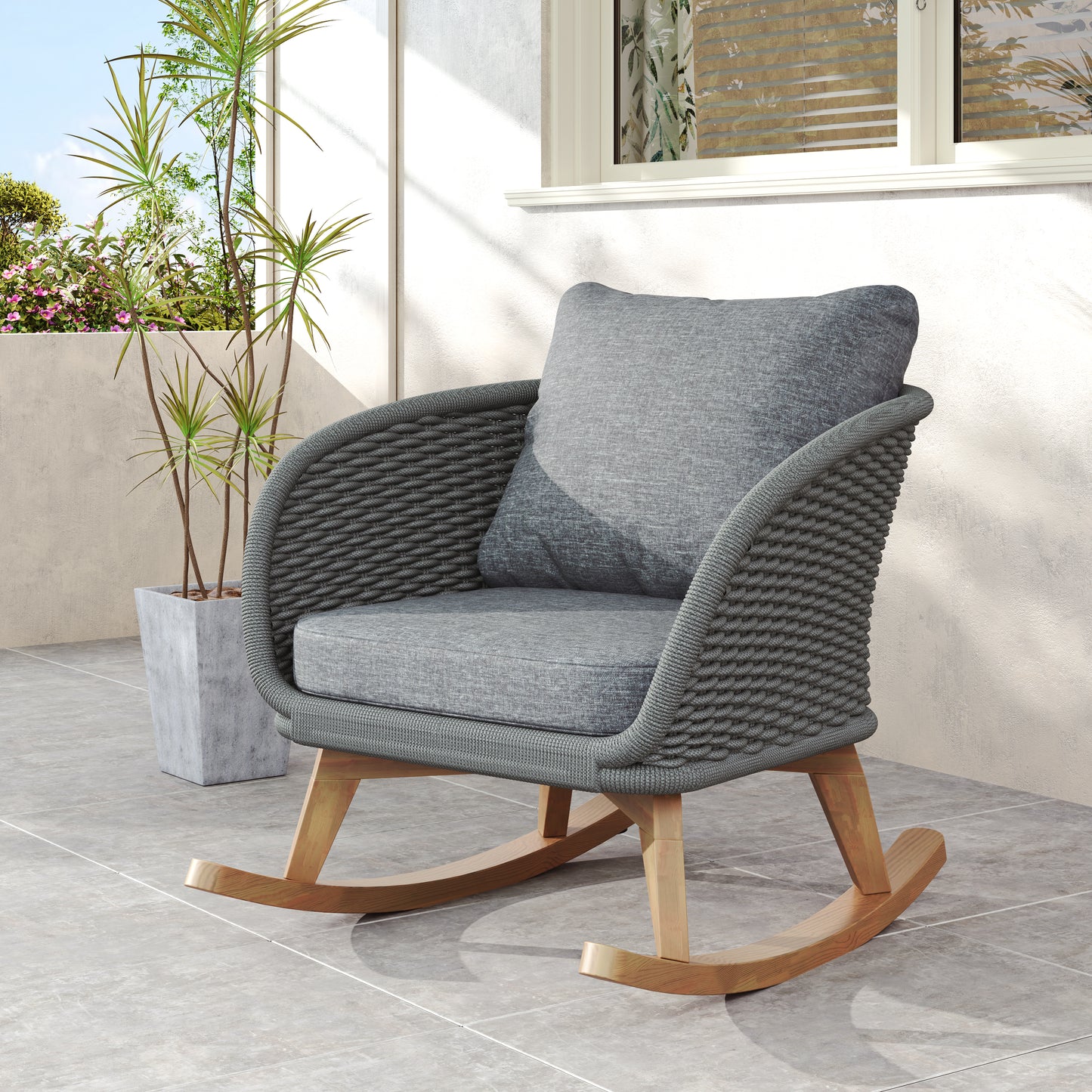 29.5 Contemporary Minimalist Gray Wicker Rocking Chair With Soft