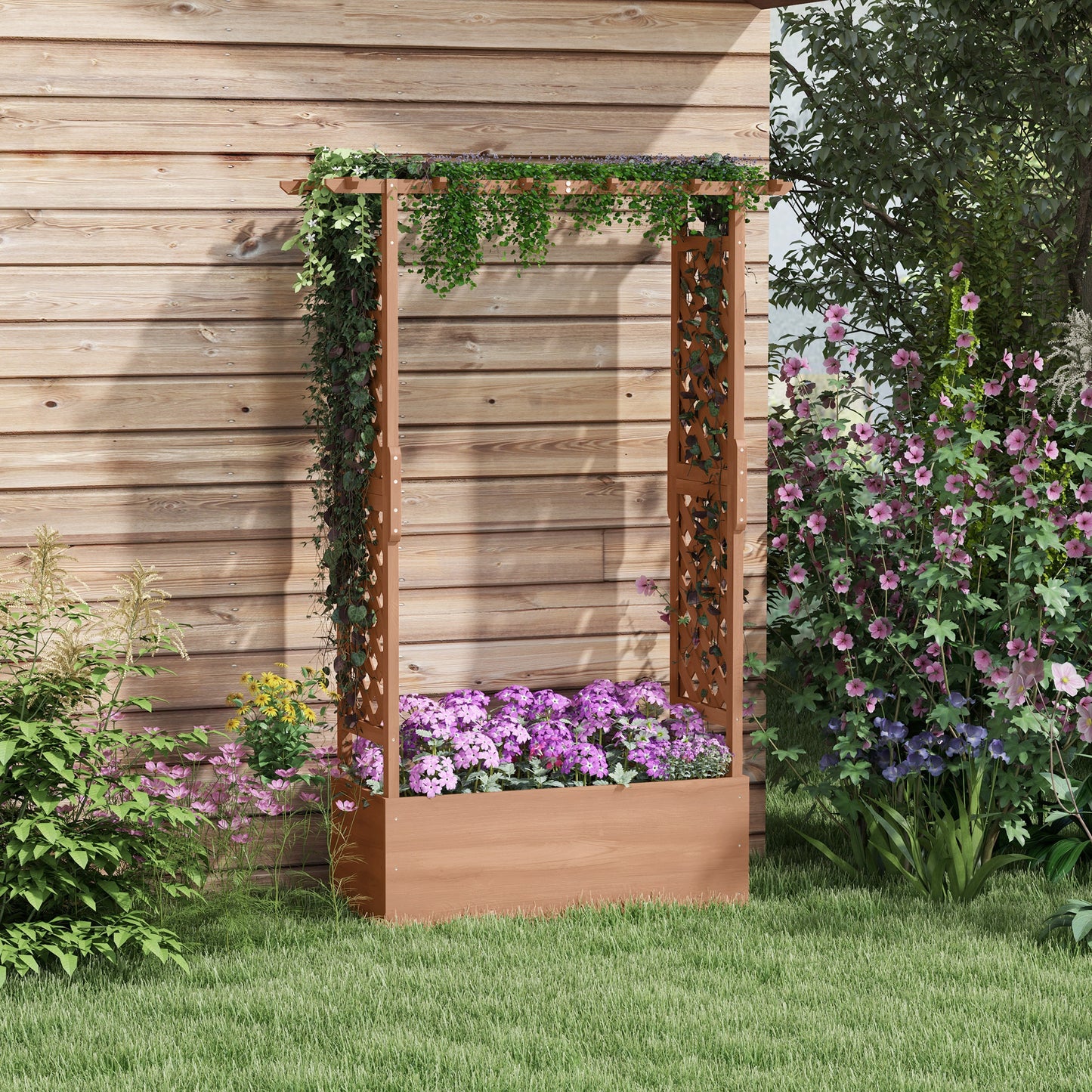 Outdoor Raised Garden Bed with Trellises and Roof - 70.75 Inch Wooden Planter Box