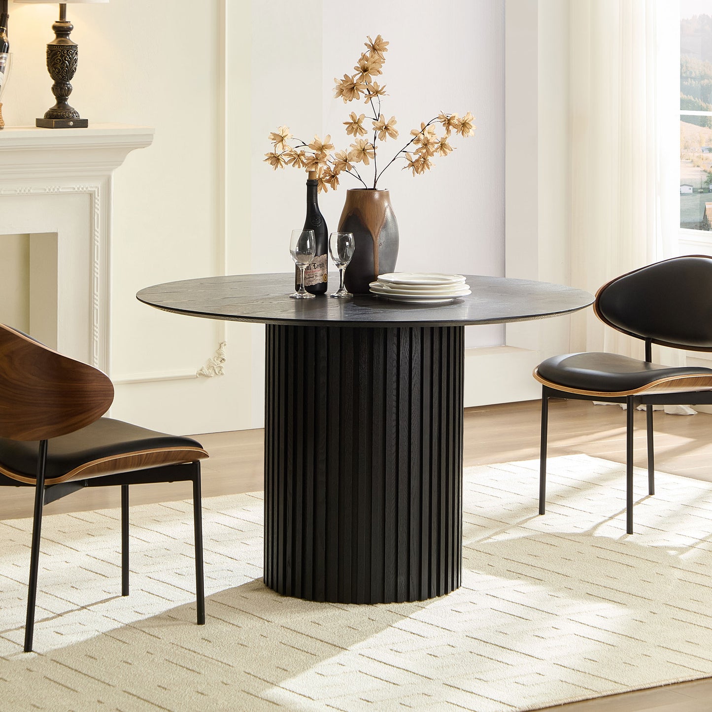 Mid-Century Modern Round Dining Table - 46.45 Inch Black MDF