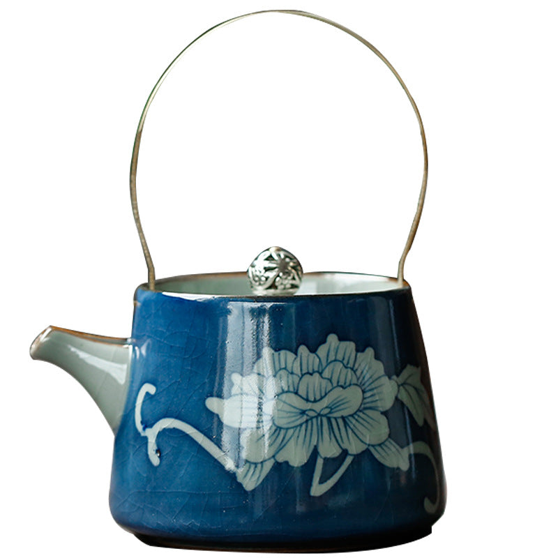 Antique Hand-Painted Ceramic Teapot & Tea Cup Set - Blue and White Kitchen Decor