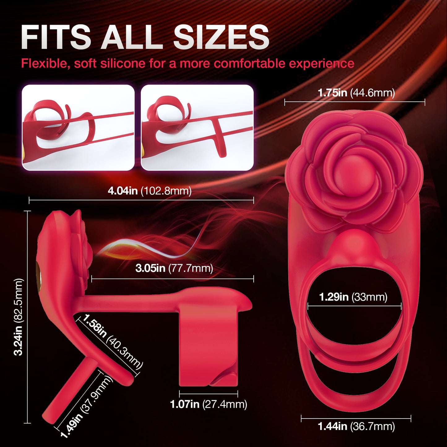 3 in 1 Rose Vibrating Cock Ring - Dual Motor, 10 Modes, Remote Control