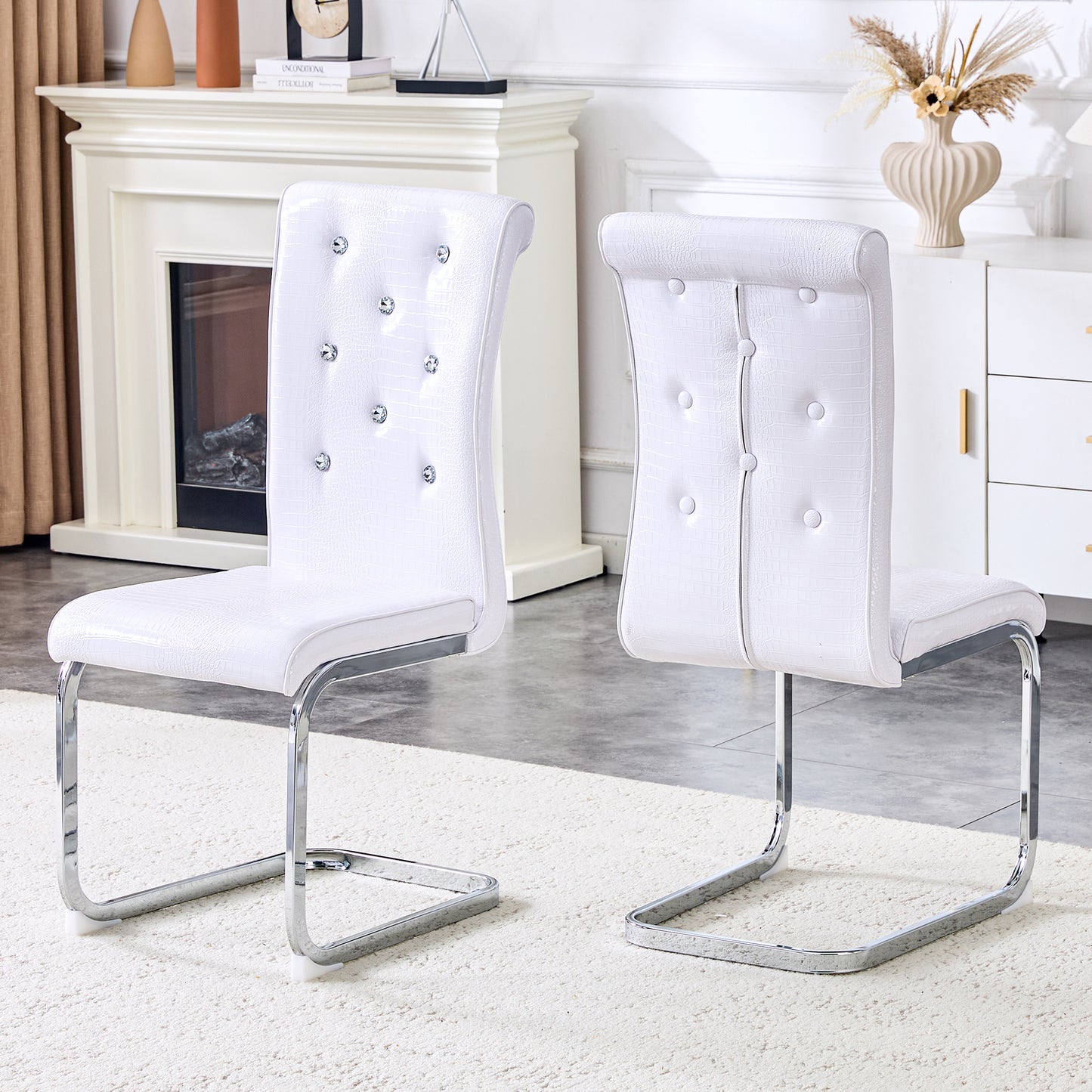 Set Of 2,Retro Alligator Skin Upholstered Dining Chairs,with Crystal