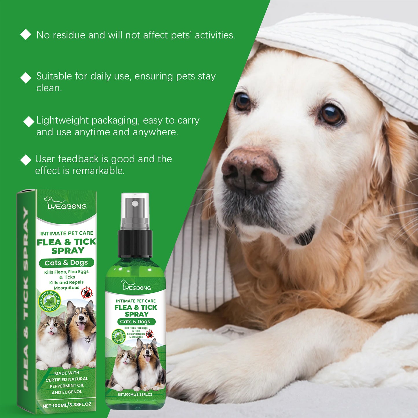 Natural Flea & Tick Spray for Dogs & Cats - Plant-Based Pest Repellent, 100ml