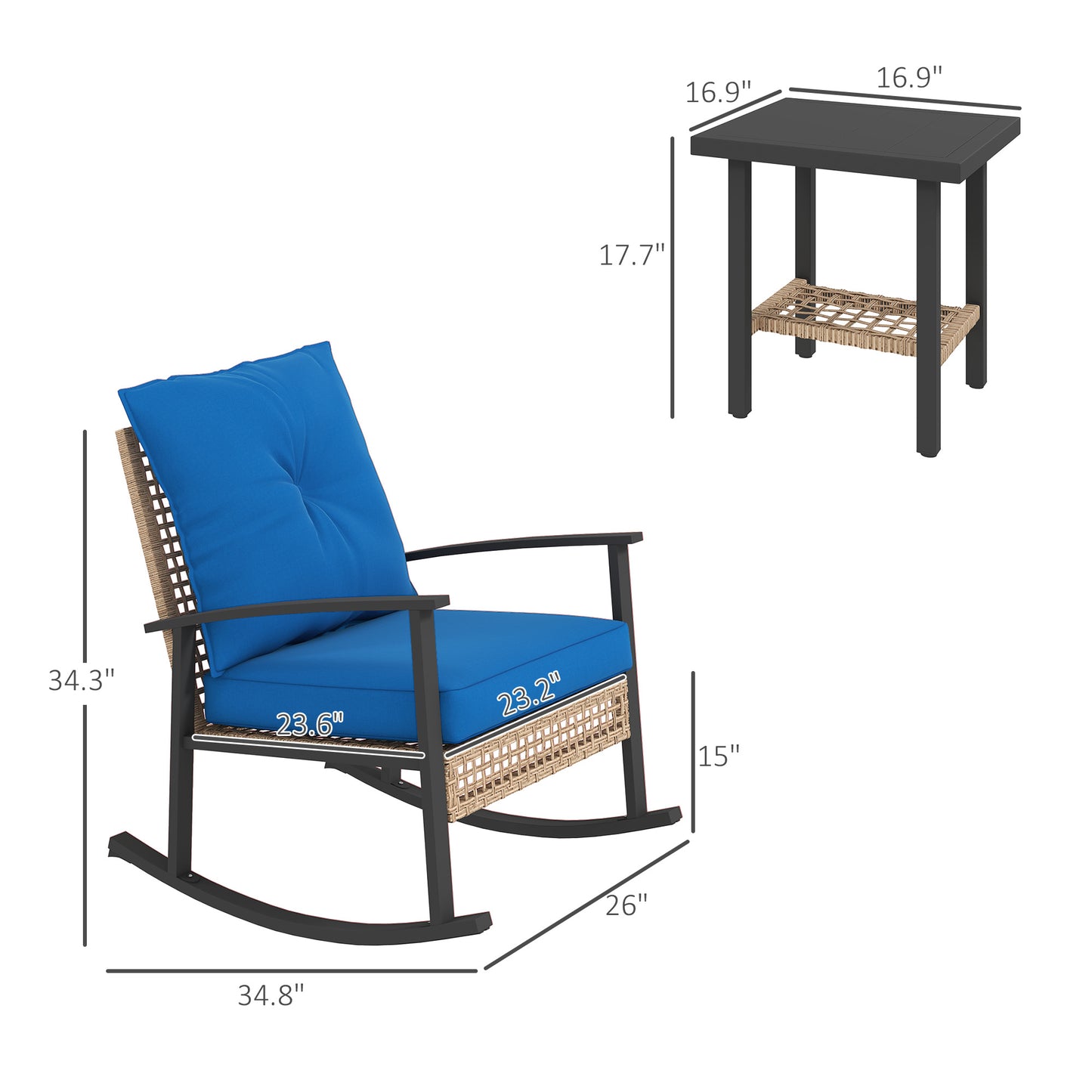 3-Piece Outdoor Bistro Set with Rocking Chairs & Coffee Table - Blue