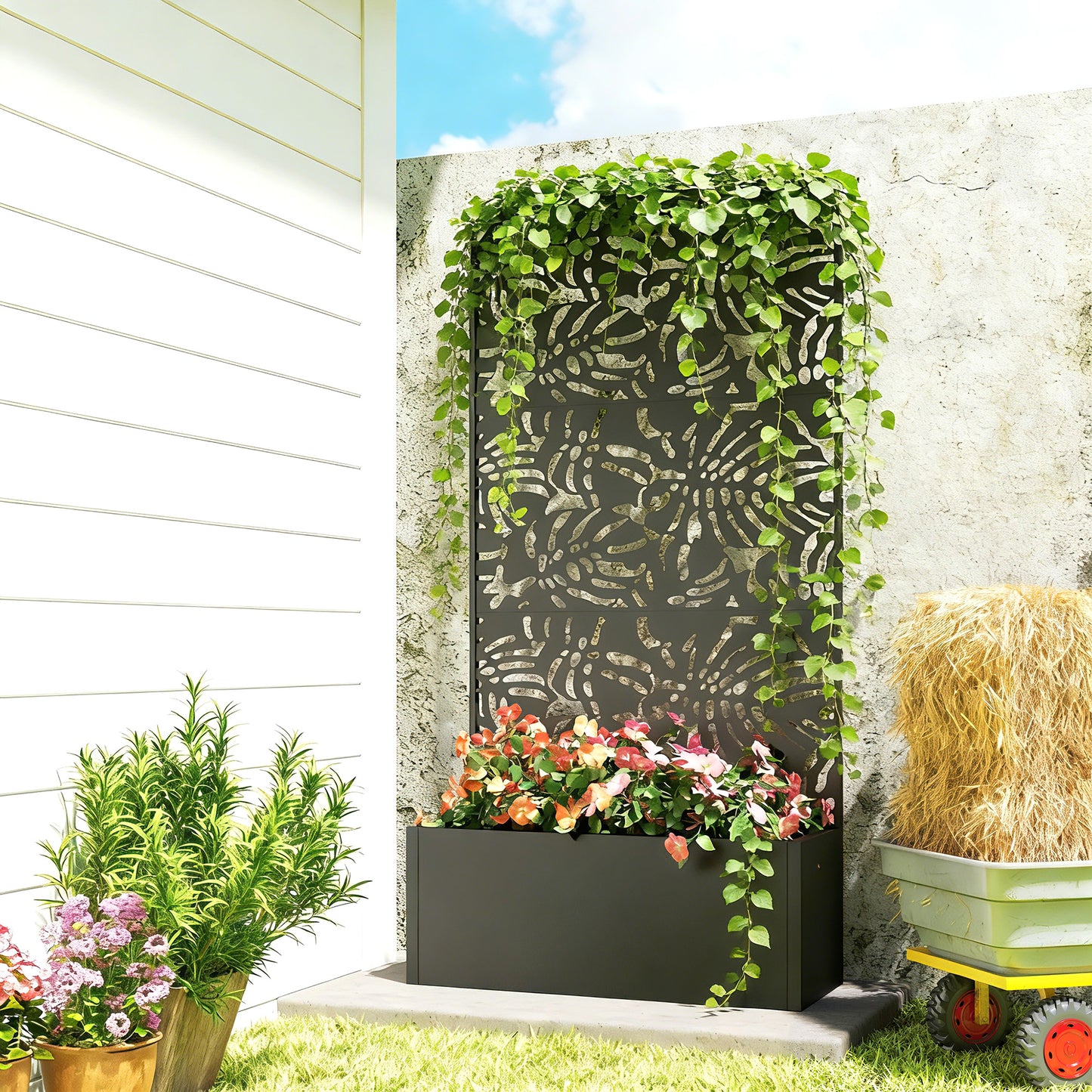 Metal Planter Box with Trellis - 71-Inch Tall Raised Garden Bed with Privacy Screen and Drainage Holes - Black