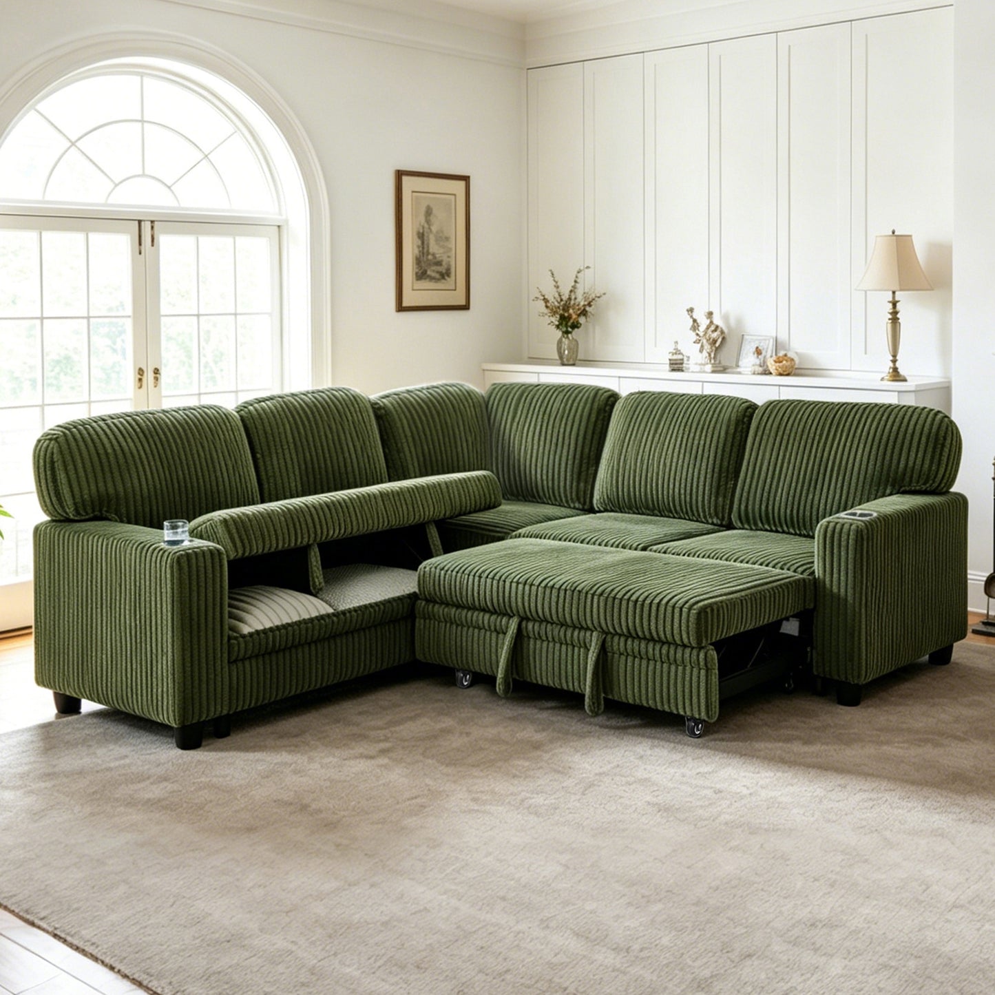 L-Shaped Sectional Sofa Bed with USB Charging & Storage - Olive Green