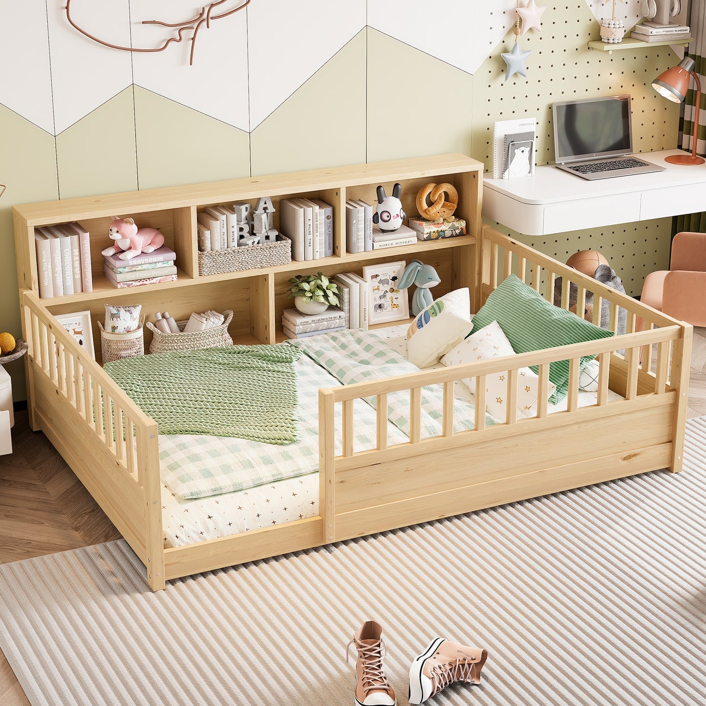 Full-Sized Wooden Floor Bed with Fence-Style Guardrail - Natural