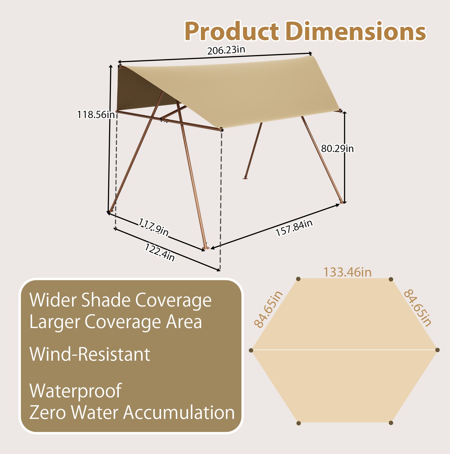 Hexagonal Shade Sail Canopy, Large 206 X118 UV Block Sun With UPF 50