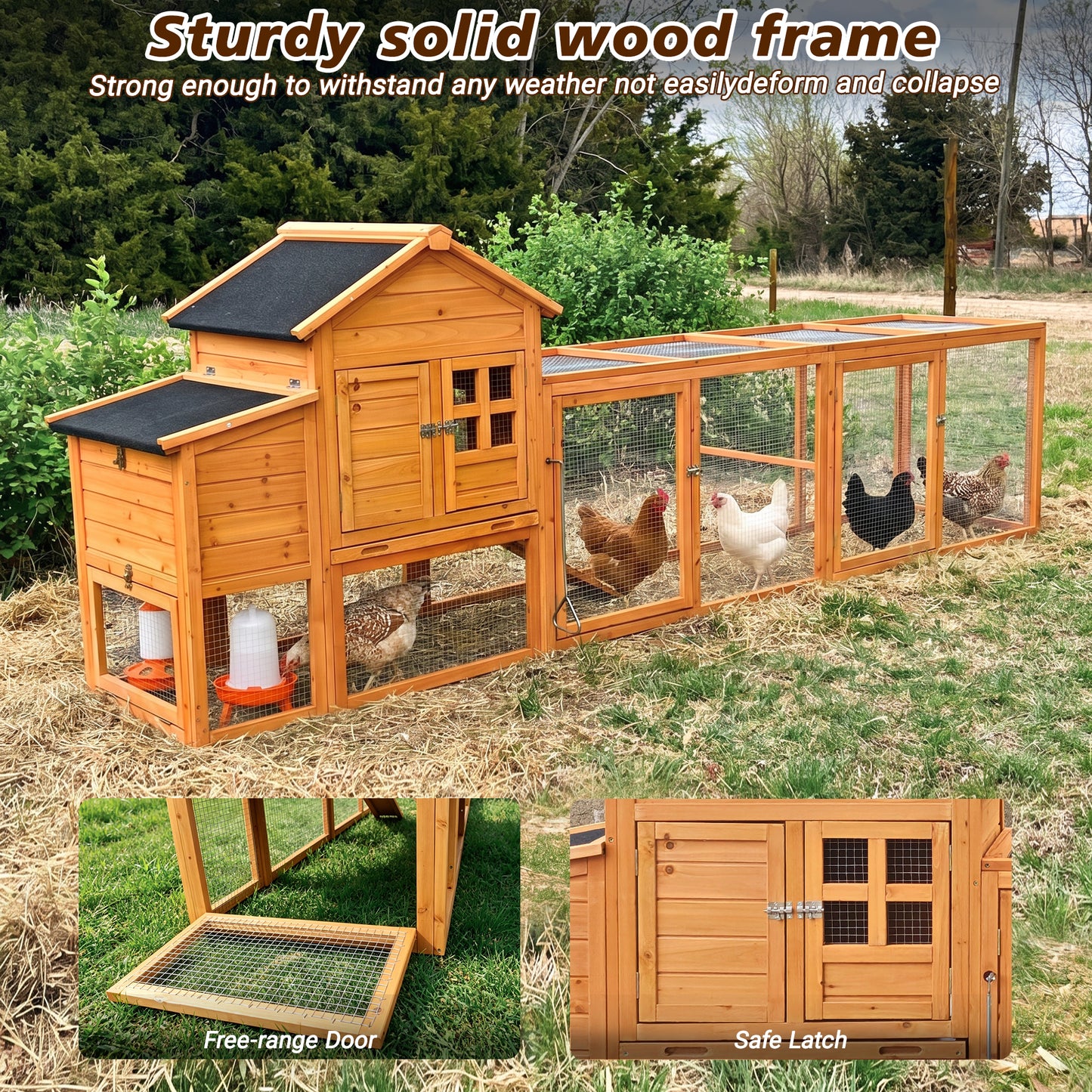 Large Outdoor Chicken Coop with Run & Nest Box for 4-6 Chickens - Orange