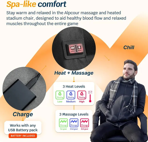 Heated Reclining Stadium Seat with Back Support - Black 21"