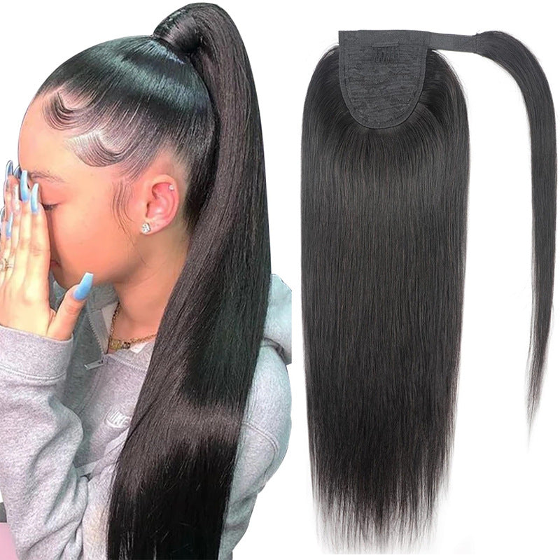 Natural Black Human Hair Ponytail Wig - Straight Style, 8-30 Inch
