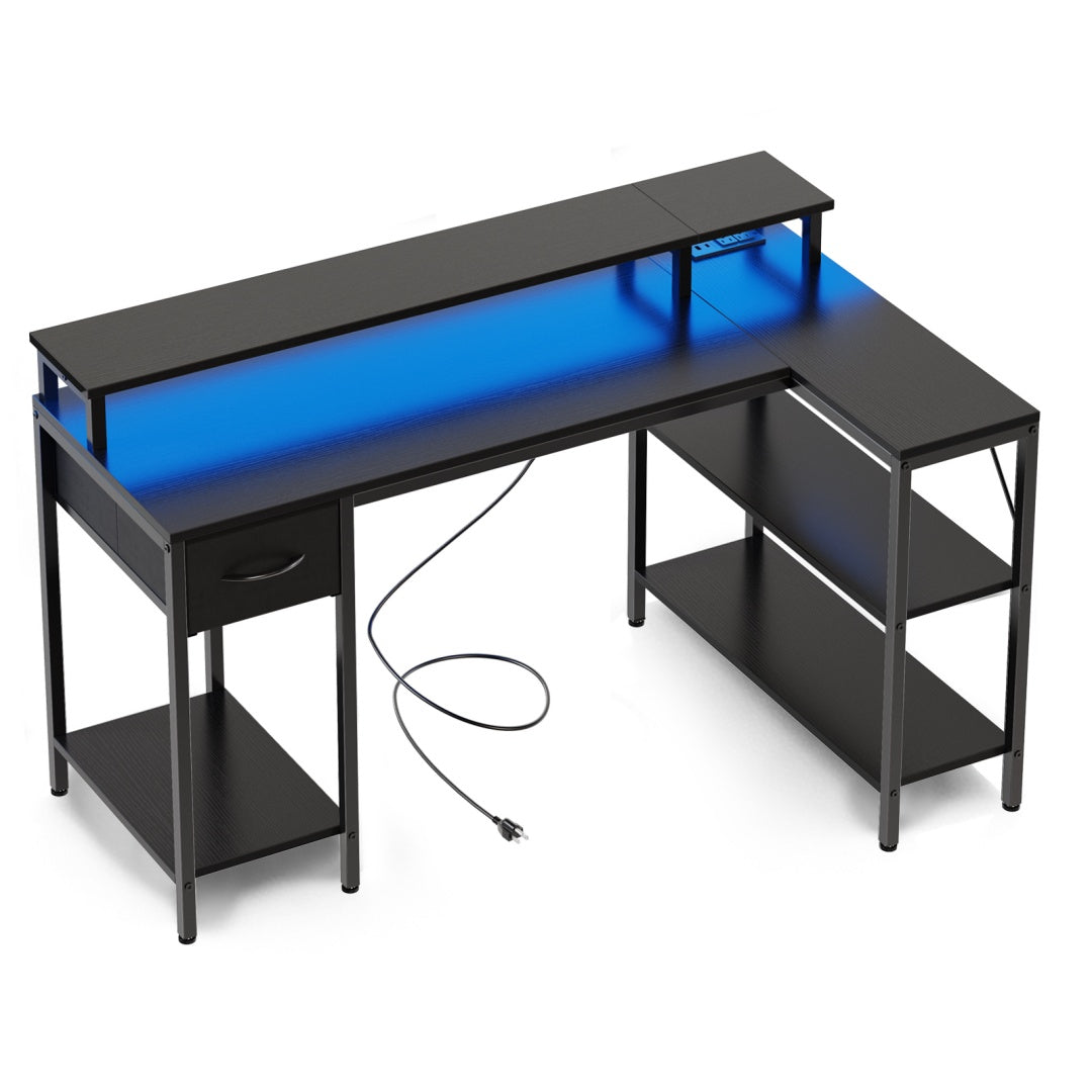 L-Shaped Gaming Table with USB Charging & LED Light
