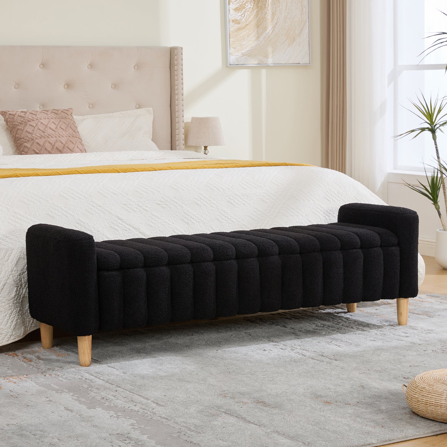 Modern Upholstered End of Bed Bench with Storage - Black