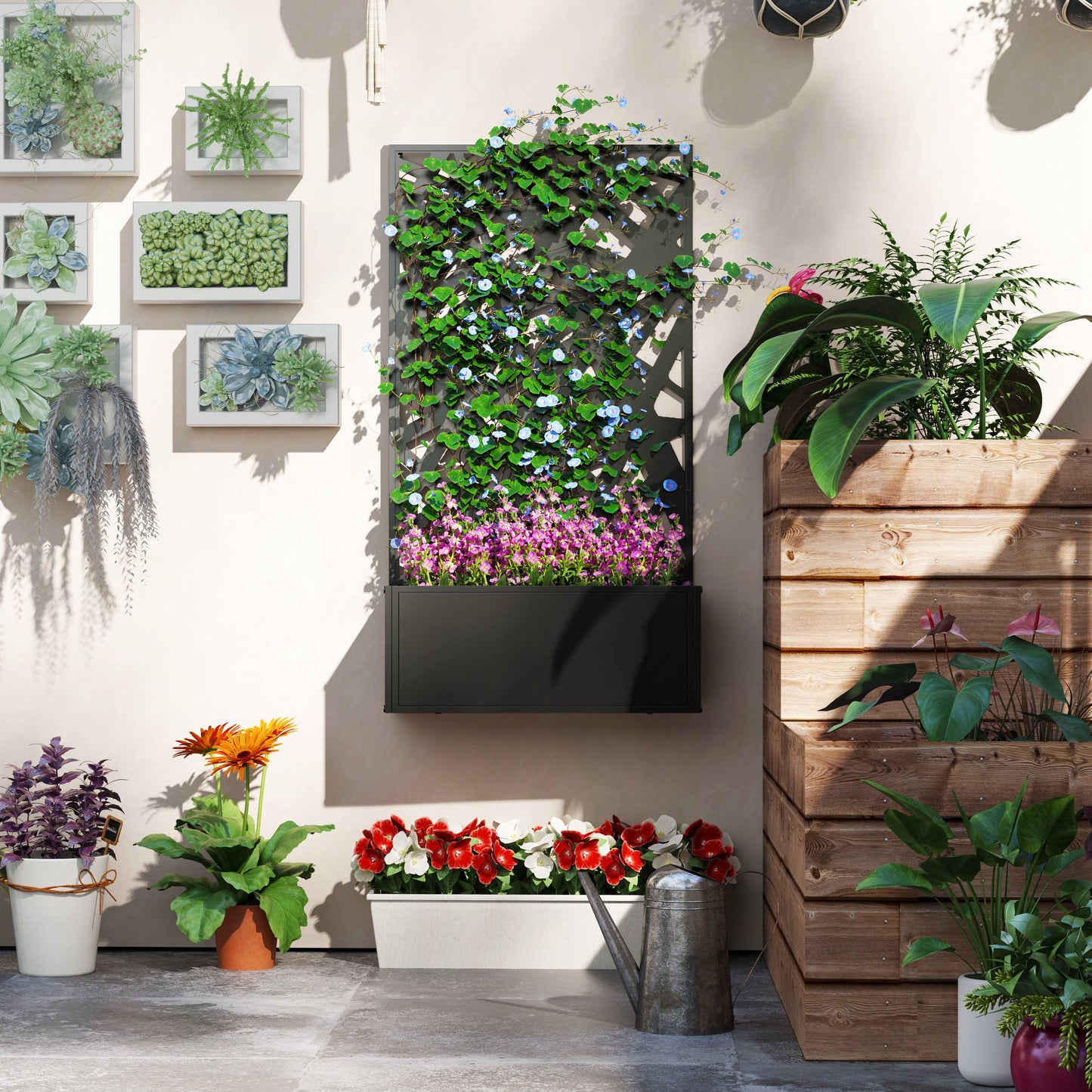 Metal Garden Planter Box with Privacy Screen - Wall-Mount or Freestanding, 24 x 9.1 x 44.5 inches