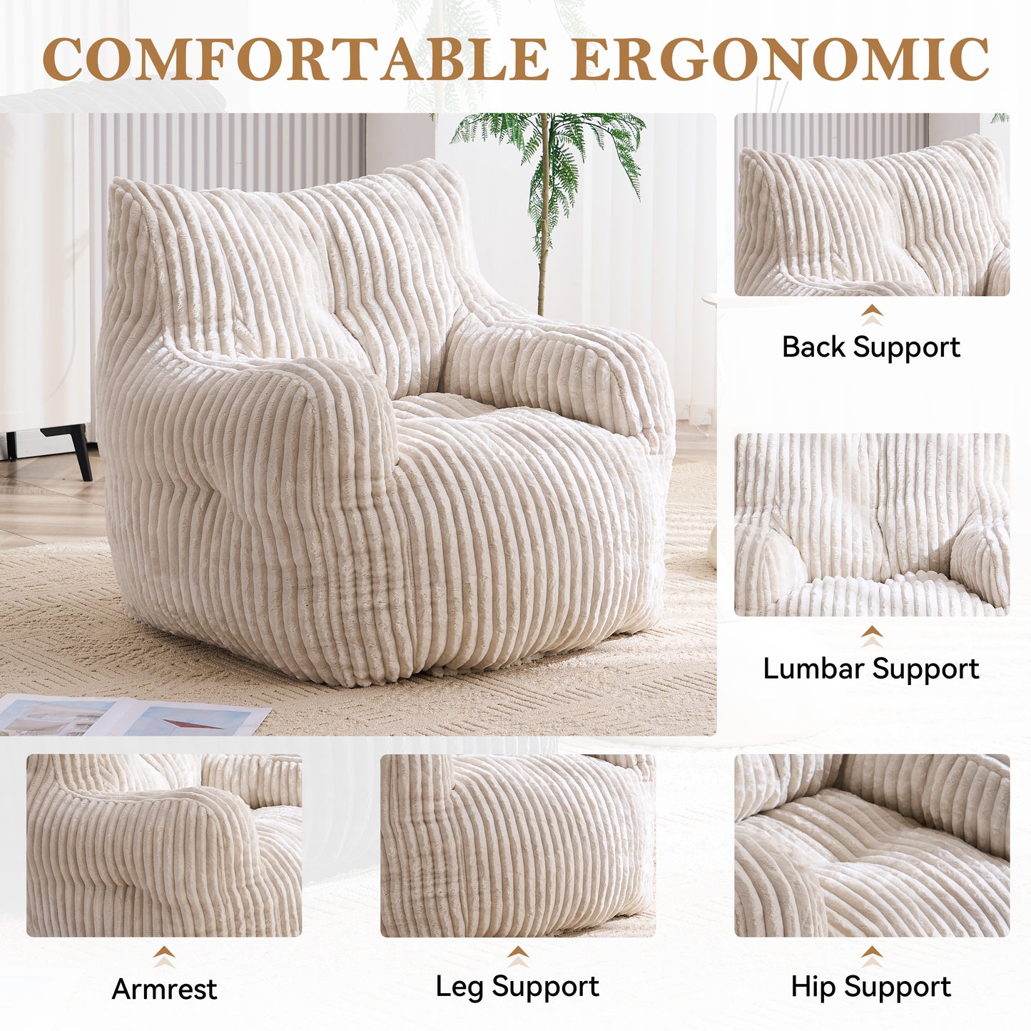 Soft Corduroy Bean Bag Chair with Memory Foam - Beige