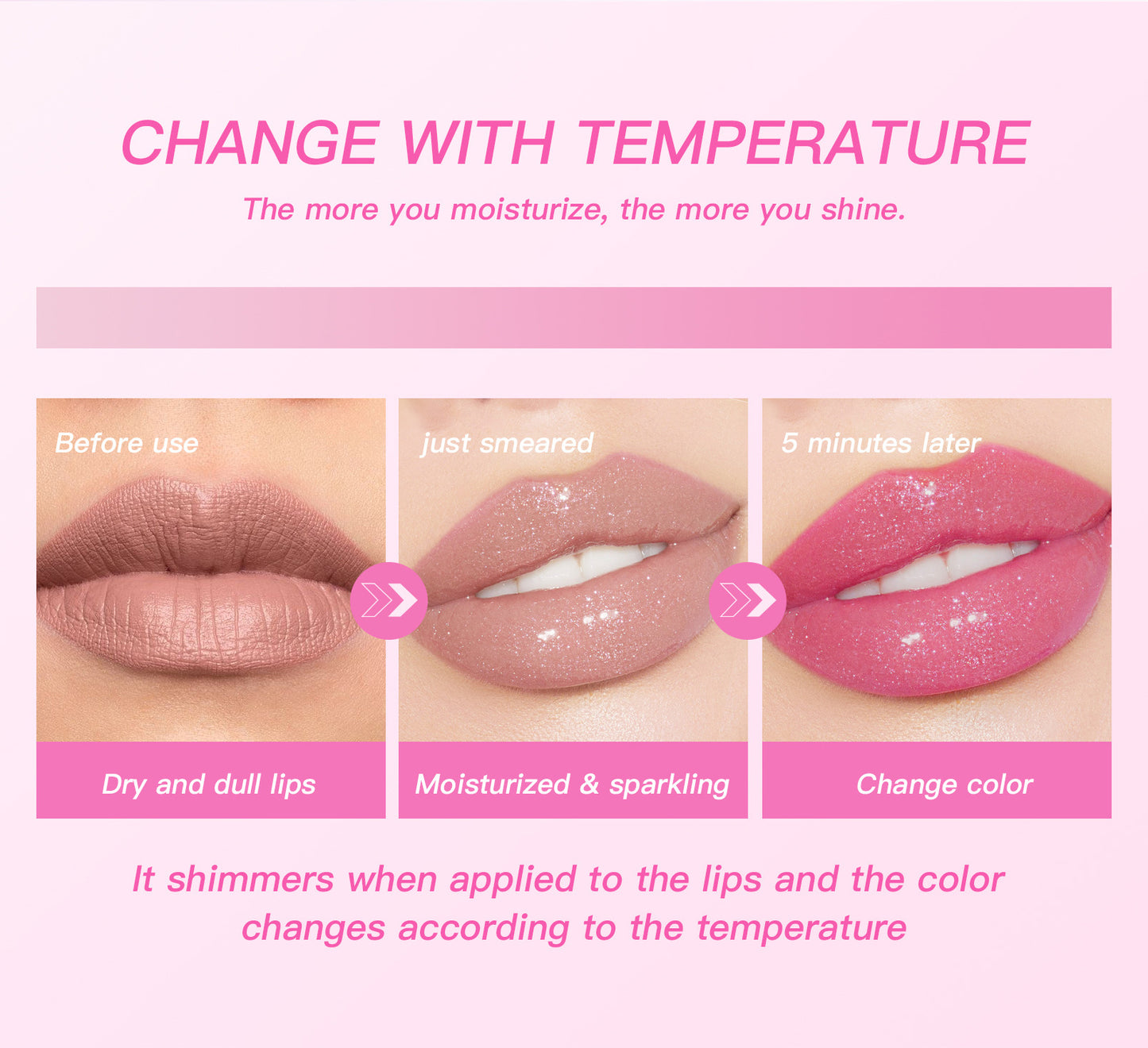 pH Reactive Color-Changing Lip Glow Oil - Glitter Pink Plumping Gloss