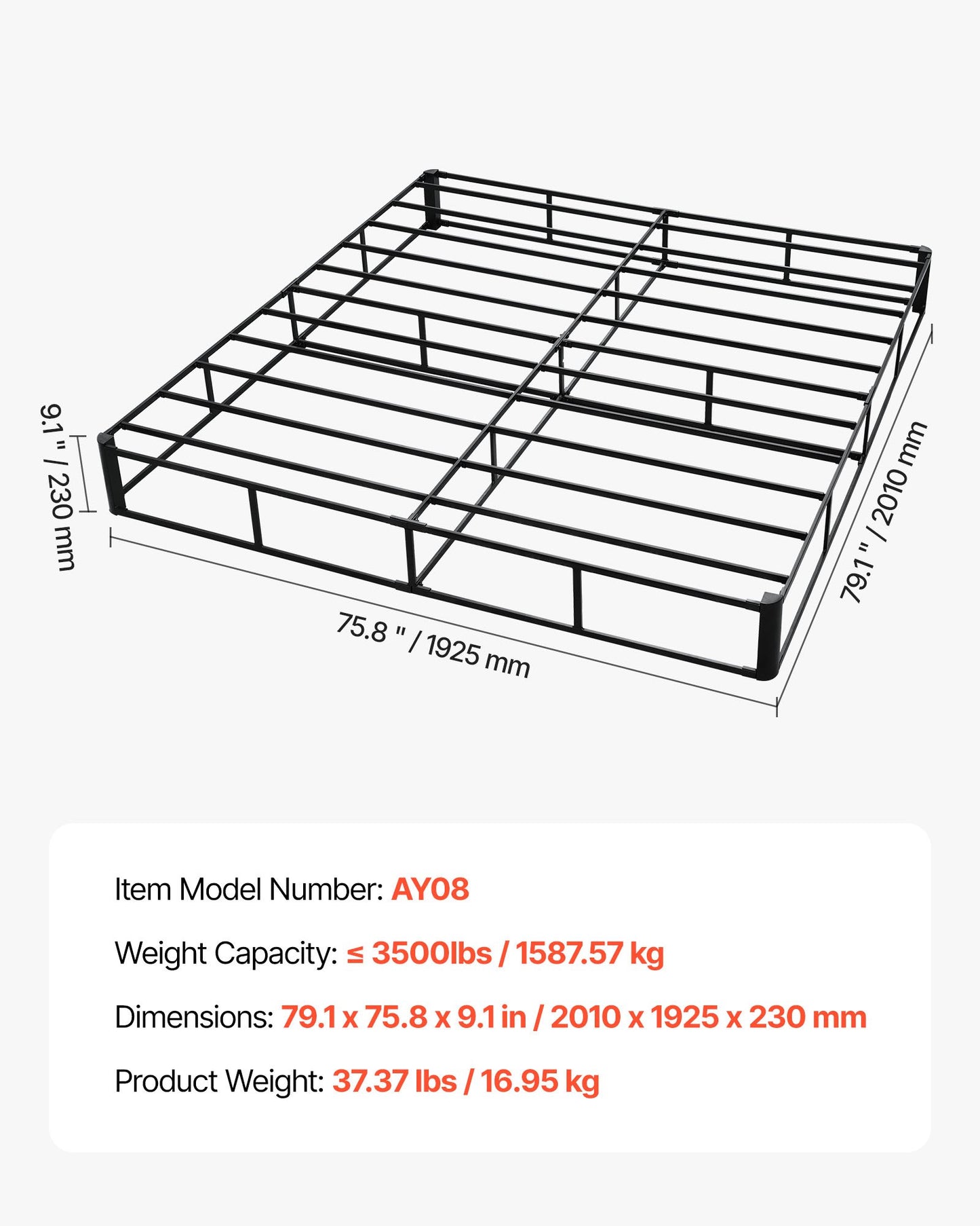 Heavy Duty King Size Bed Frame with Washable Fabric Cover - Supports Up to 3500 lbs