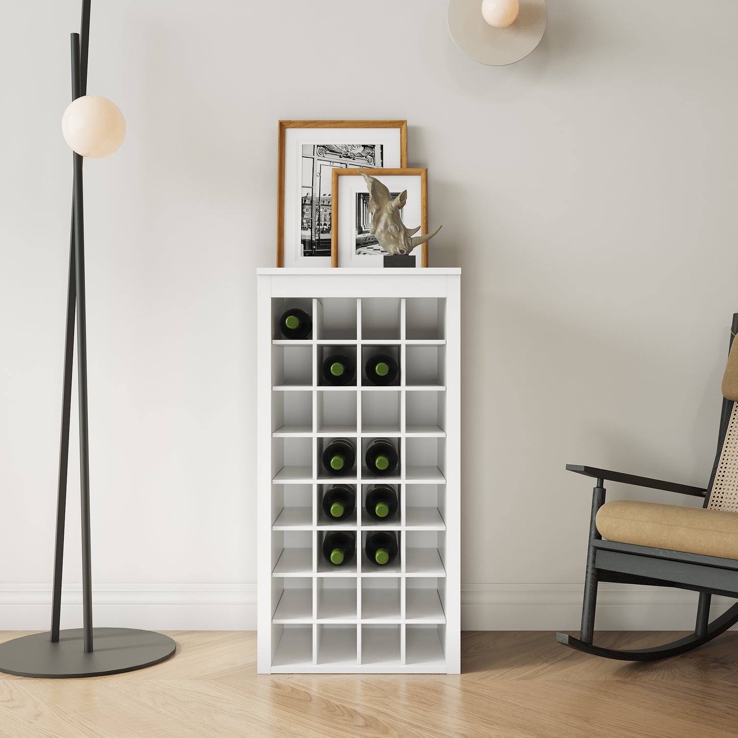 Modular 32-Bottle Wine Bar Cabinet - Brown Walnut & White