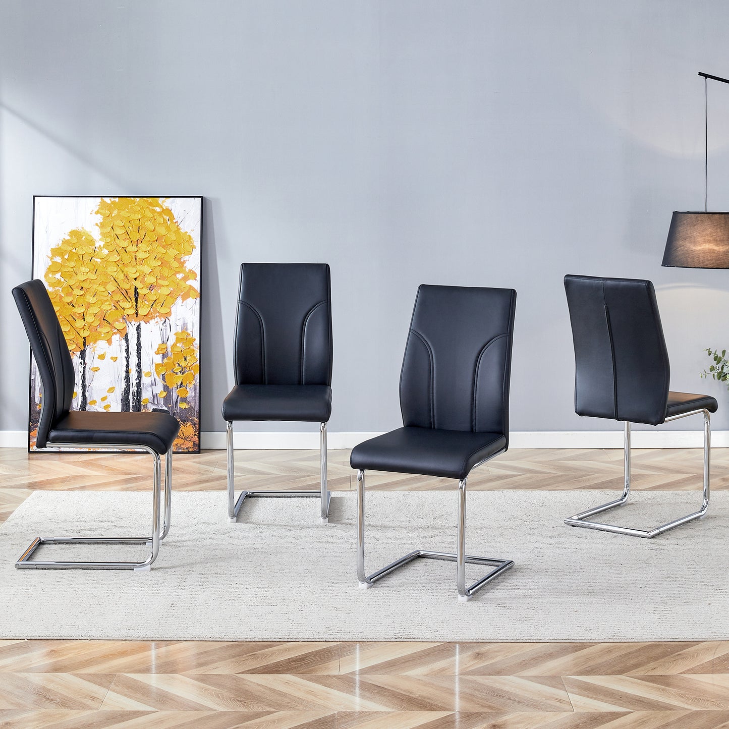 4 Dining Chair Set, Black PU Material High Back Seat And Sturdy Leg