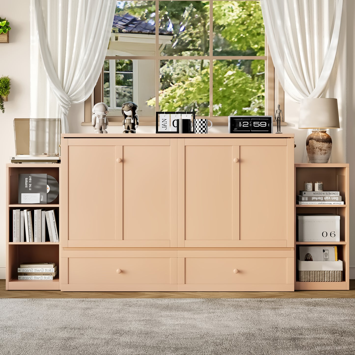 Queen Size Murphy Bed with Storage Drawers and Shelves - Gold