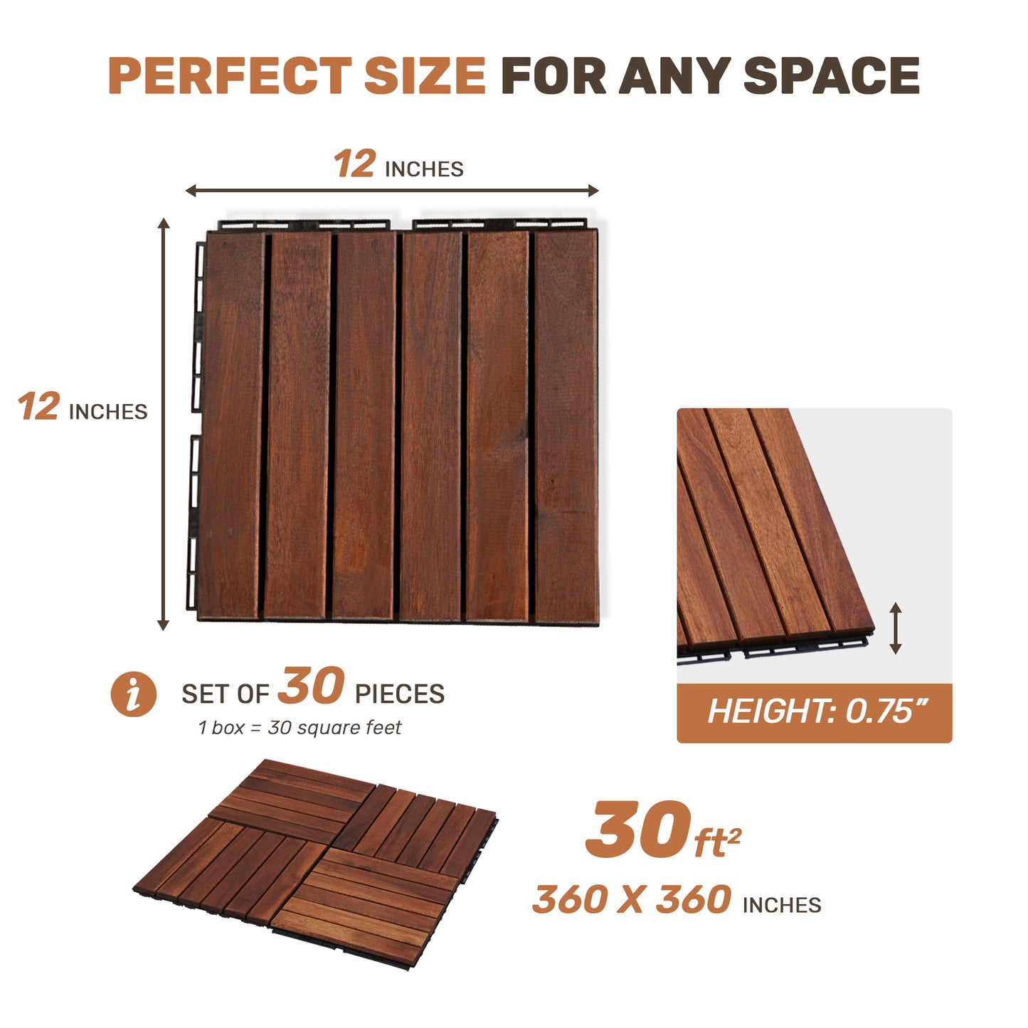 30 PCS Interlocking Acacia Hardwood Deck Tiles - Brown