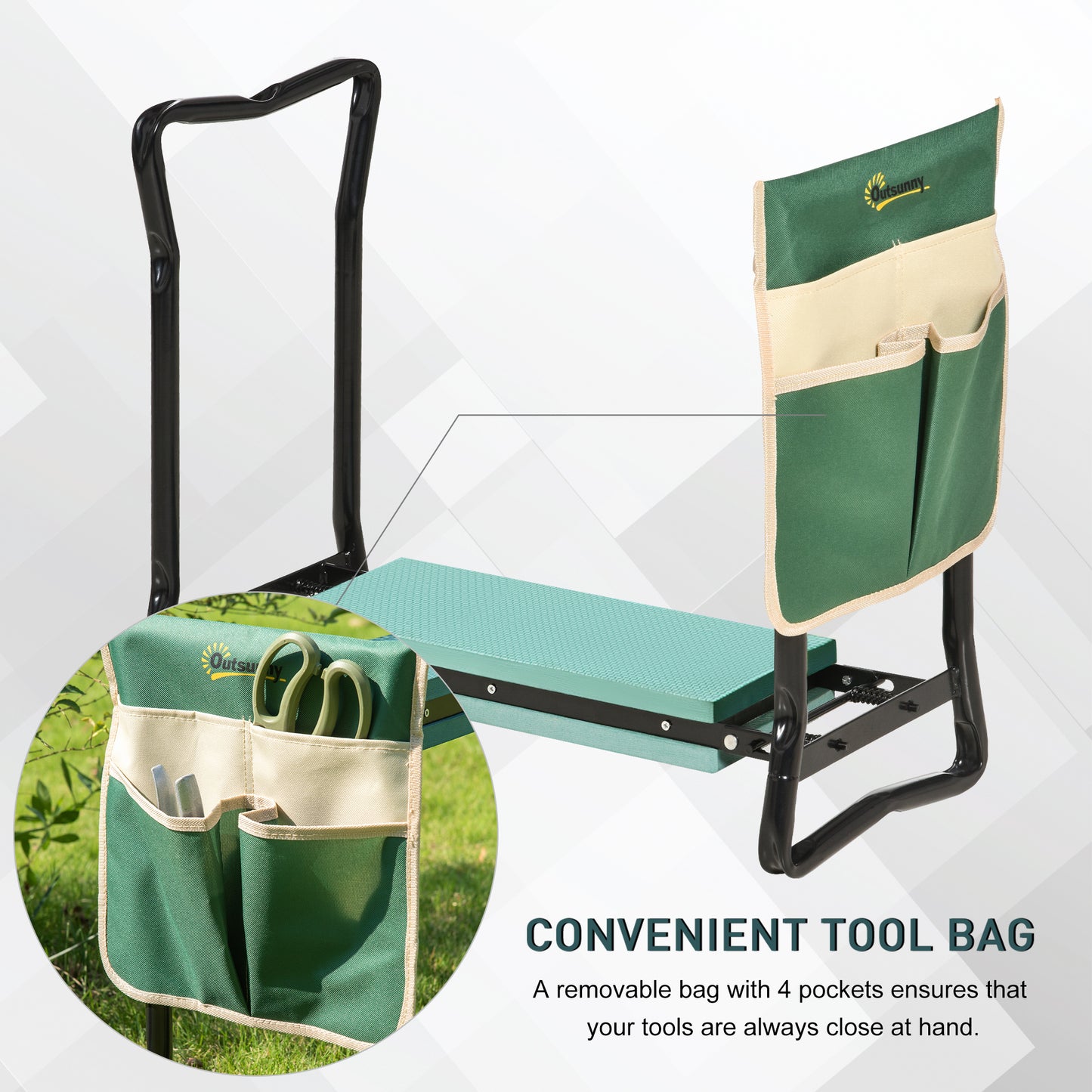 Garden Kneeler Seat Stool with Tool Pouch - Folding Gardening Bench, Green