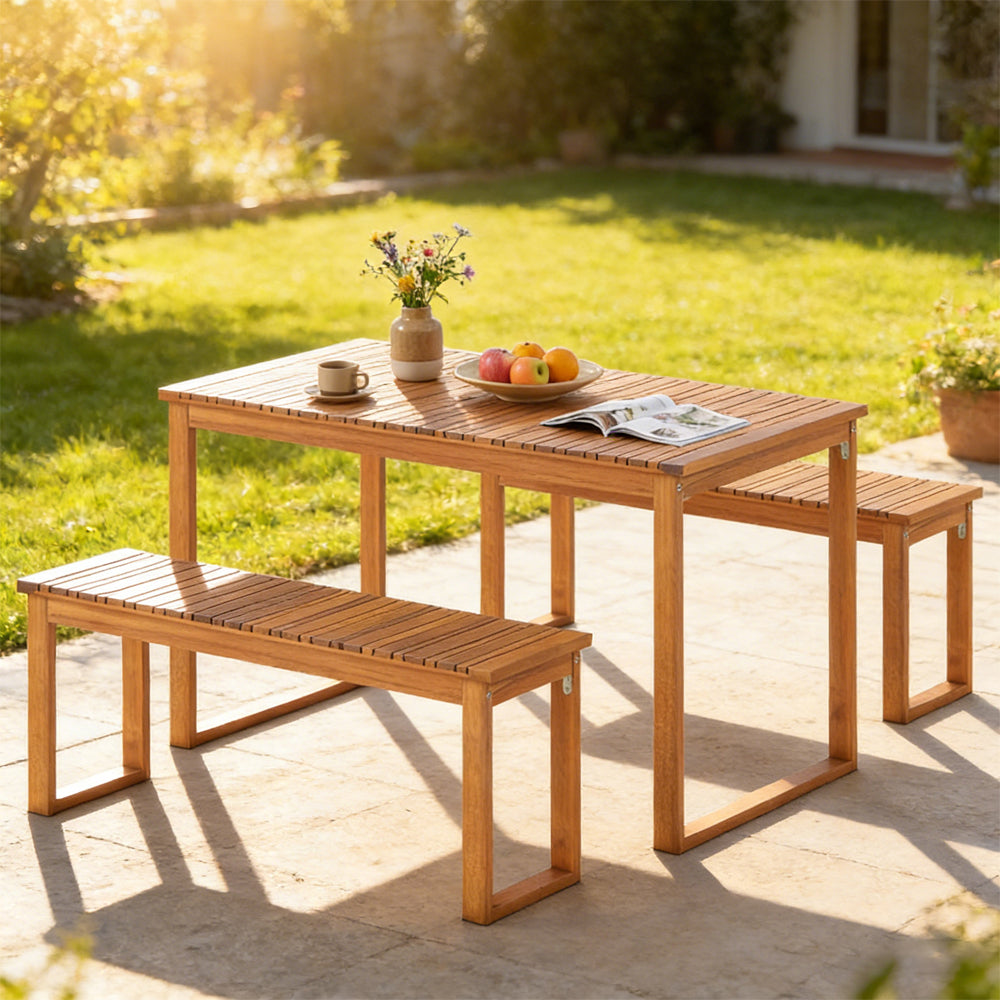 3 Pieces Acacia Wood Picnic Set With Outdoor Dining Table And 2