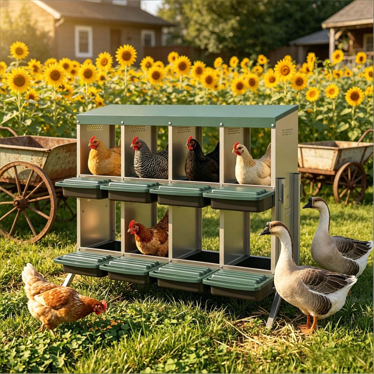 Chicken Nesting Boxes with 8 Ventilated Compartments - Black, Green, Silver