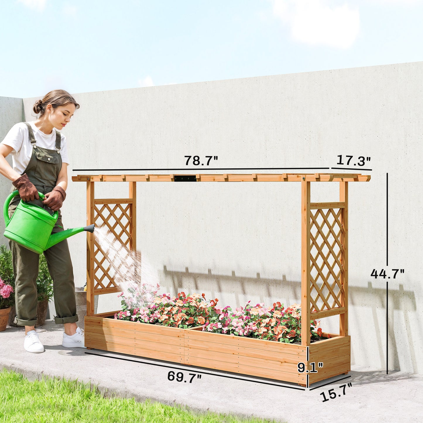 Wooden Planter Box with Trellis and Drainage Holes for Climbing Plants