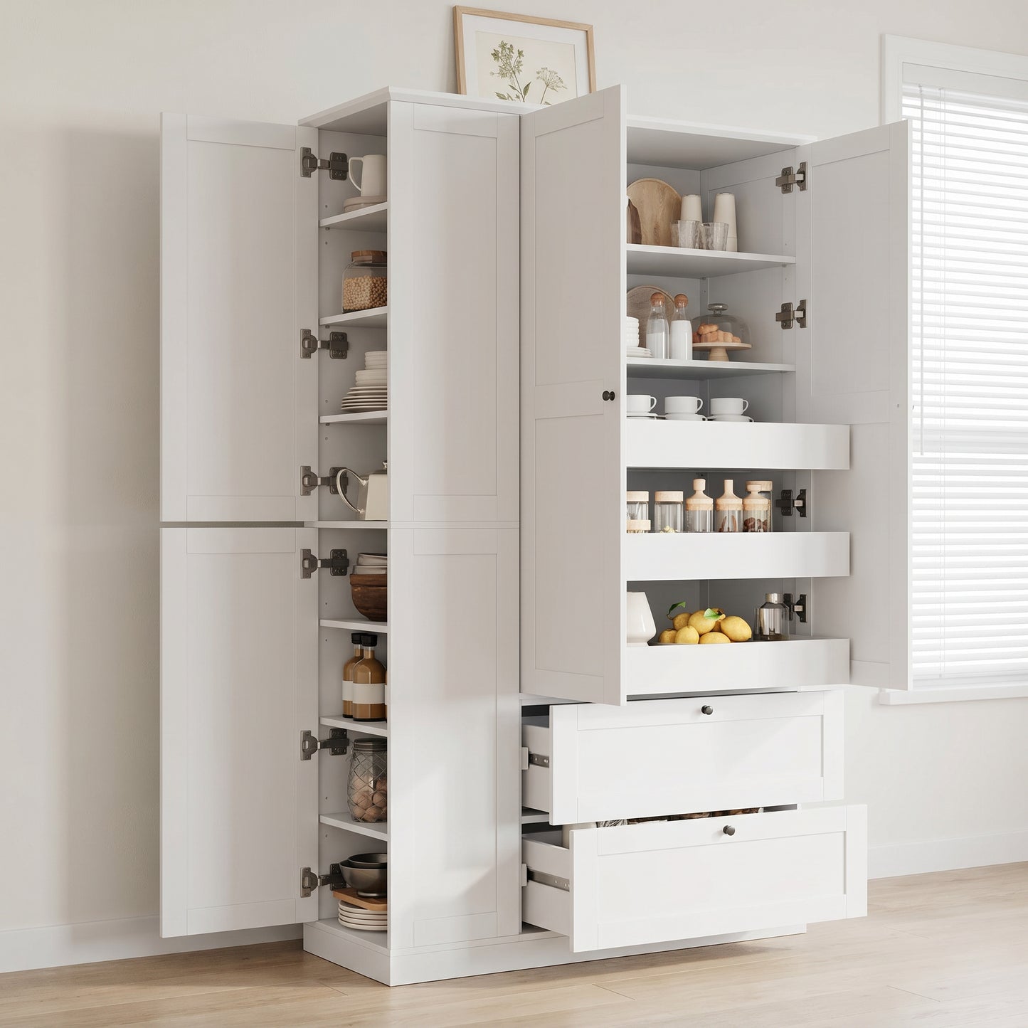 Tall Farmhouse Kitchen Pantry Cabinet - 7 Shelves, 2 Drawers, White