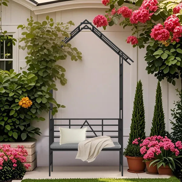 Metal Garden Arch with Bench - Climbing Plant Support, Black