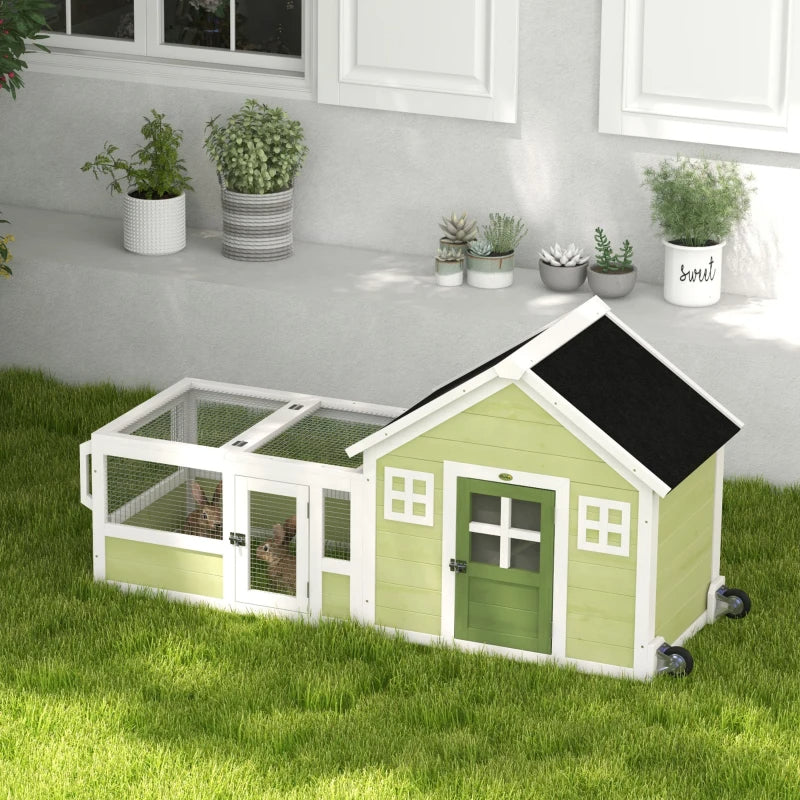 64 Inch Outdoor Rabbit Hutch with Asphalt Roof & Wheels, Multi-Color