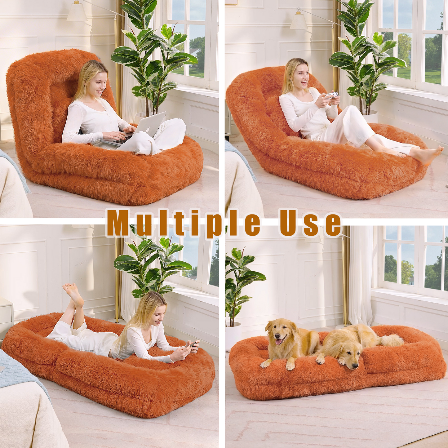 Adjustable Human Dog Bed & Lazy Sofa - Orange Plush Fabric