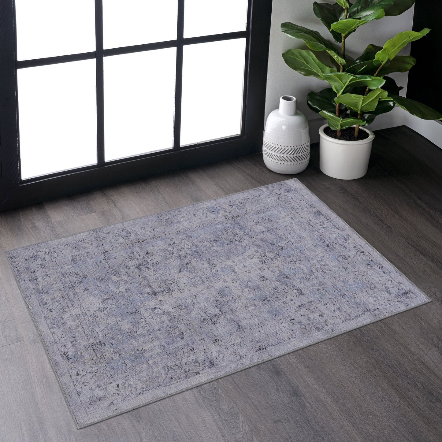 MAVAL Blue Washable Rug 2' X 3' Doormat Cream,