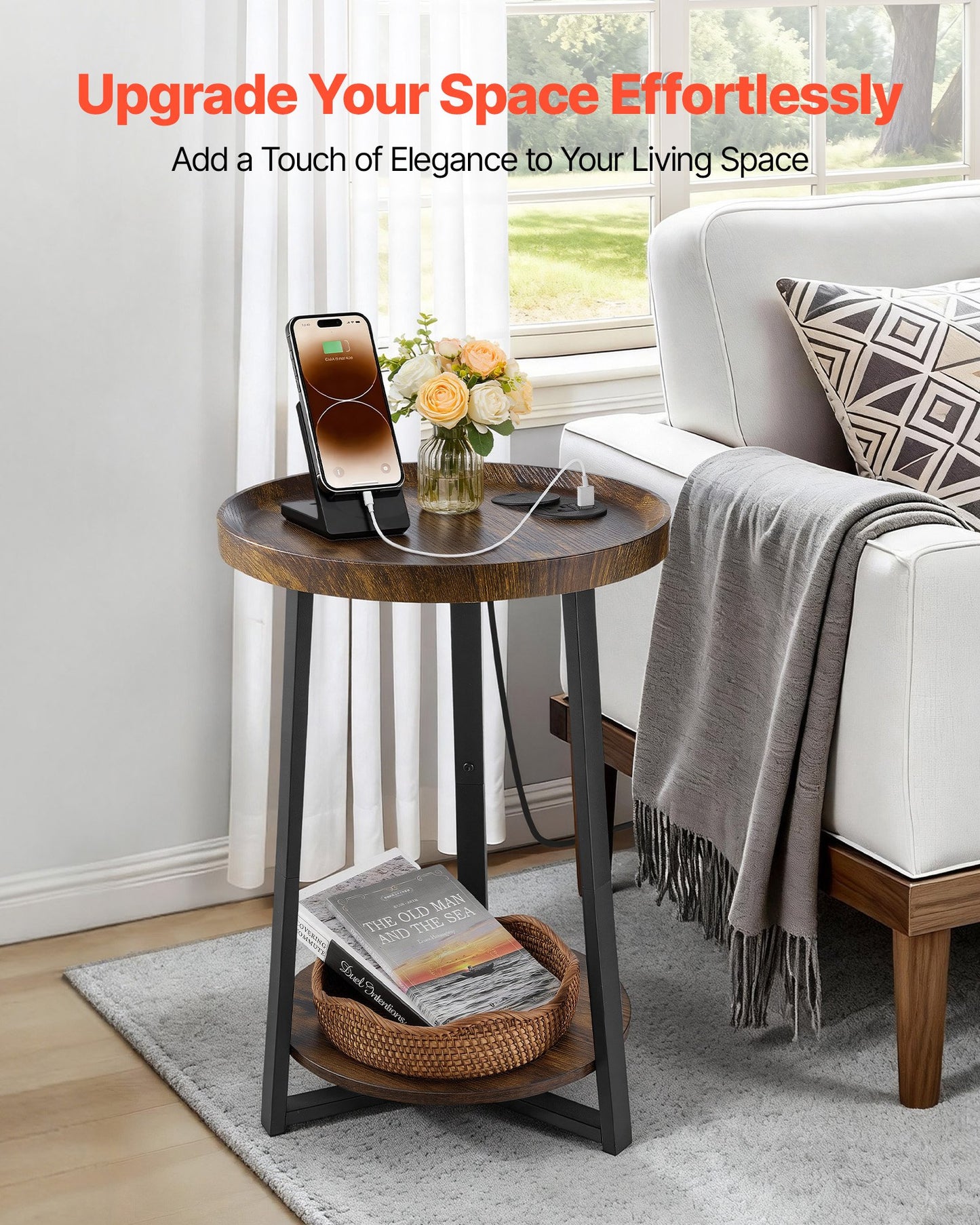 2-Tier Round Side Table with USB & AC Charging Port - Modern Nightstand for Living Room & Bedroom