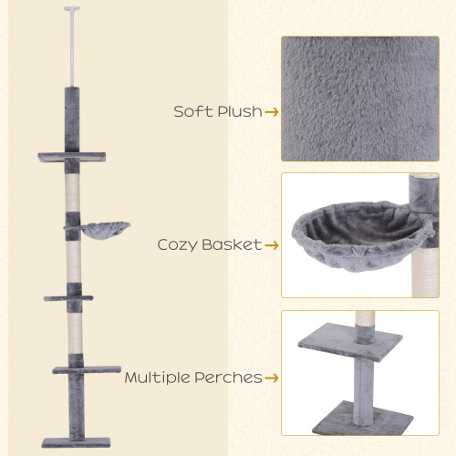 Adjustable Floor-to-Ceiling Cat Tree with Scratching Posts - Gray & White