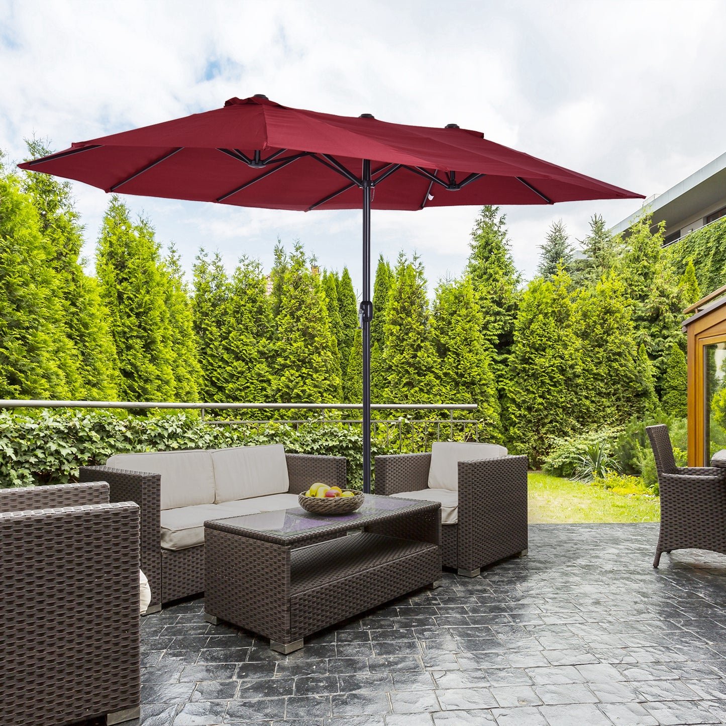15 ft Double-Sided Patio Umbrella with Crank - Wine Red