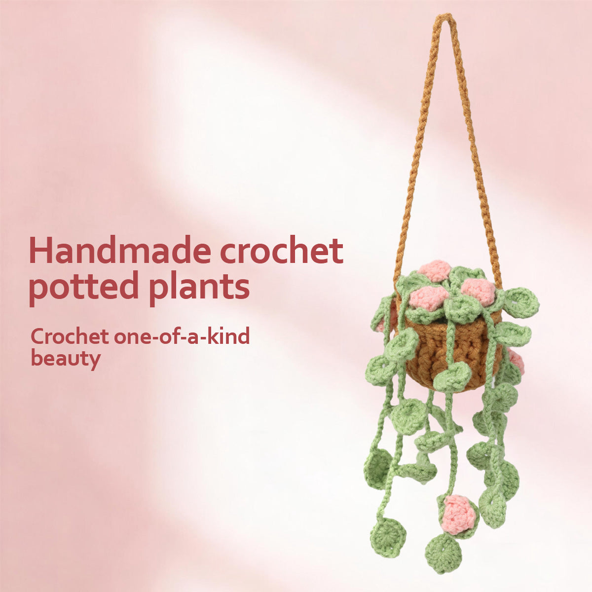Handmade Crochet Hanging Plant Decor with Pink Flowers and Green Vines - Indoor Wall Art