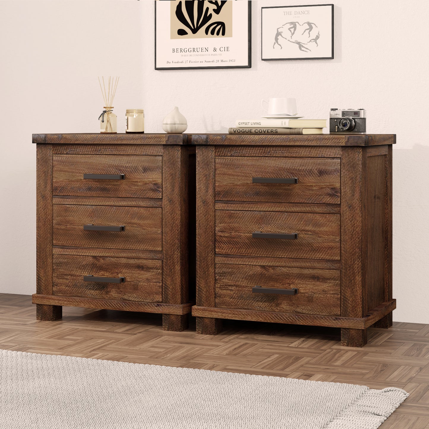 Rustic Three Drawer Reclaimed Solid Wood Farmhouse Nightstand Set Of